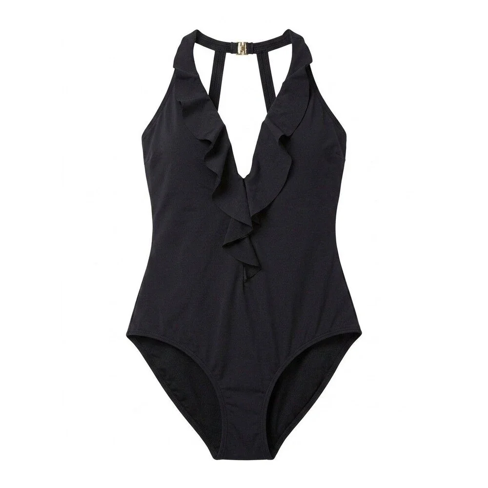Togs Swimwear Sz 8 Black Tummy Control Ruffle V-Neck One Piece Bathing Suit EUC